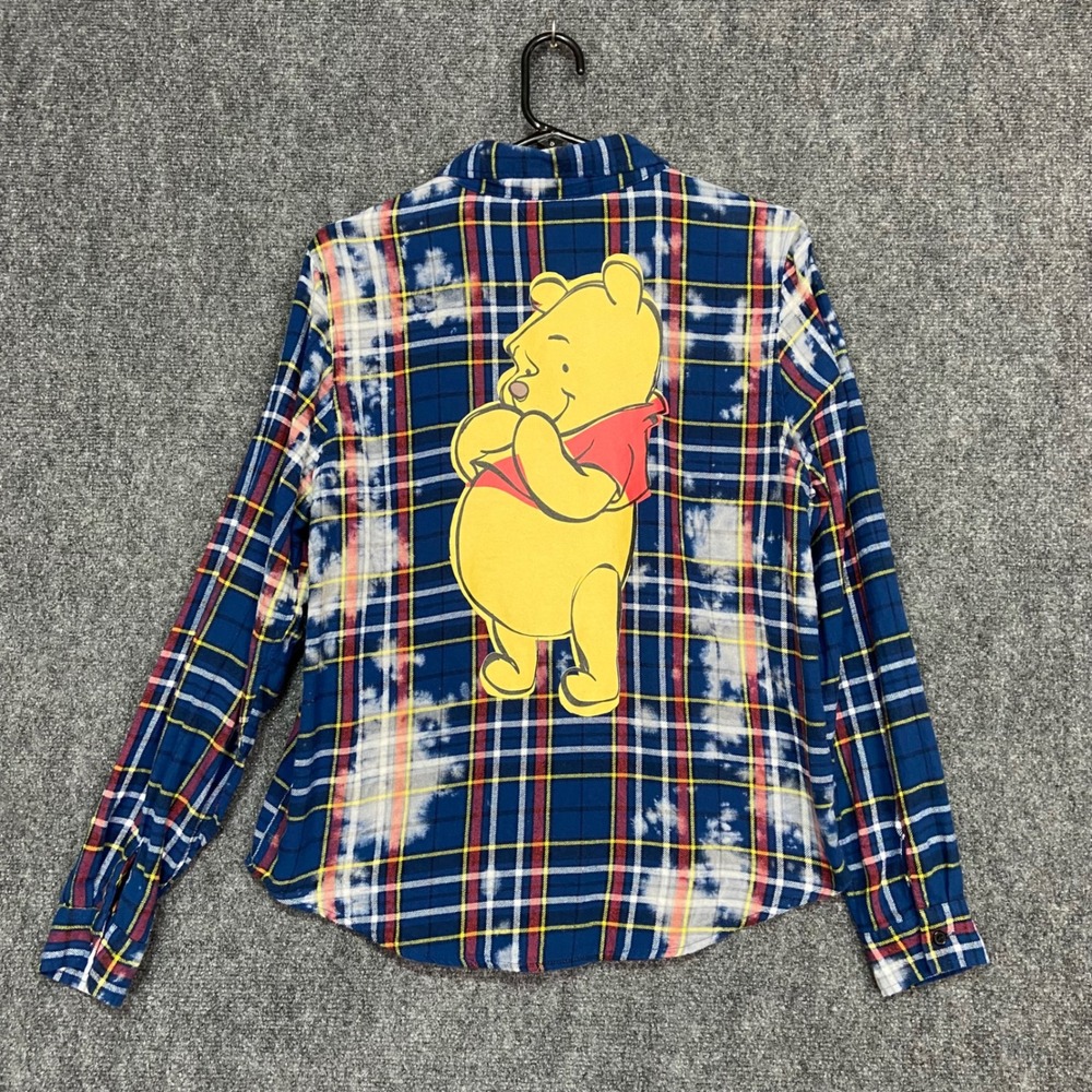 Disney Winnie The Pooh Women's Small Bleach Dye Plaid Flannel Shirt Button Down